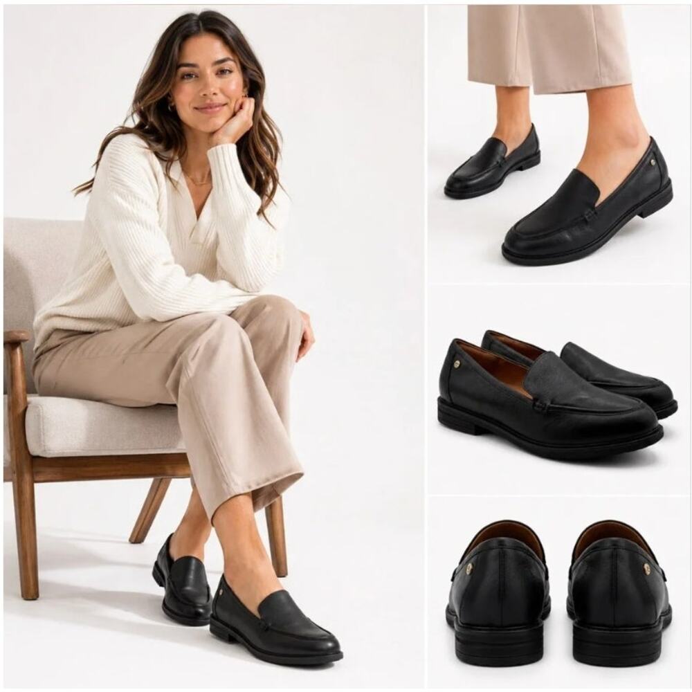 Easy Spirit Black Leather eFlex Jaylin Slip On Comfort Loafers Shoes Size 9M